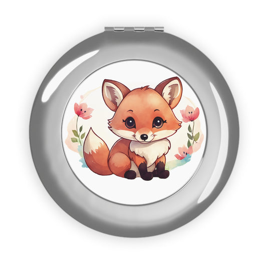 Compact Travel Mirror - Cute Fox Cub Pocket Size Makeup Mirror, Handheld Portable Mirror, Small Round Vanity Mirror, Travel Beauty