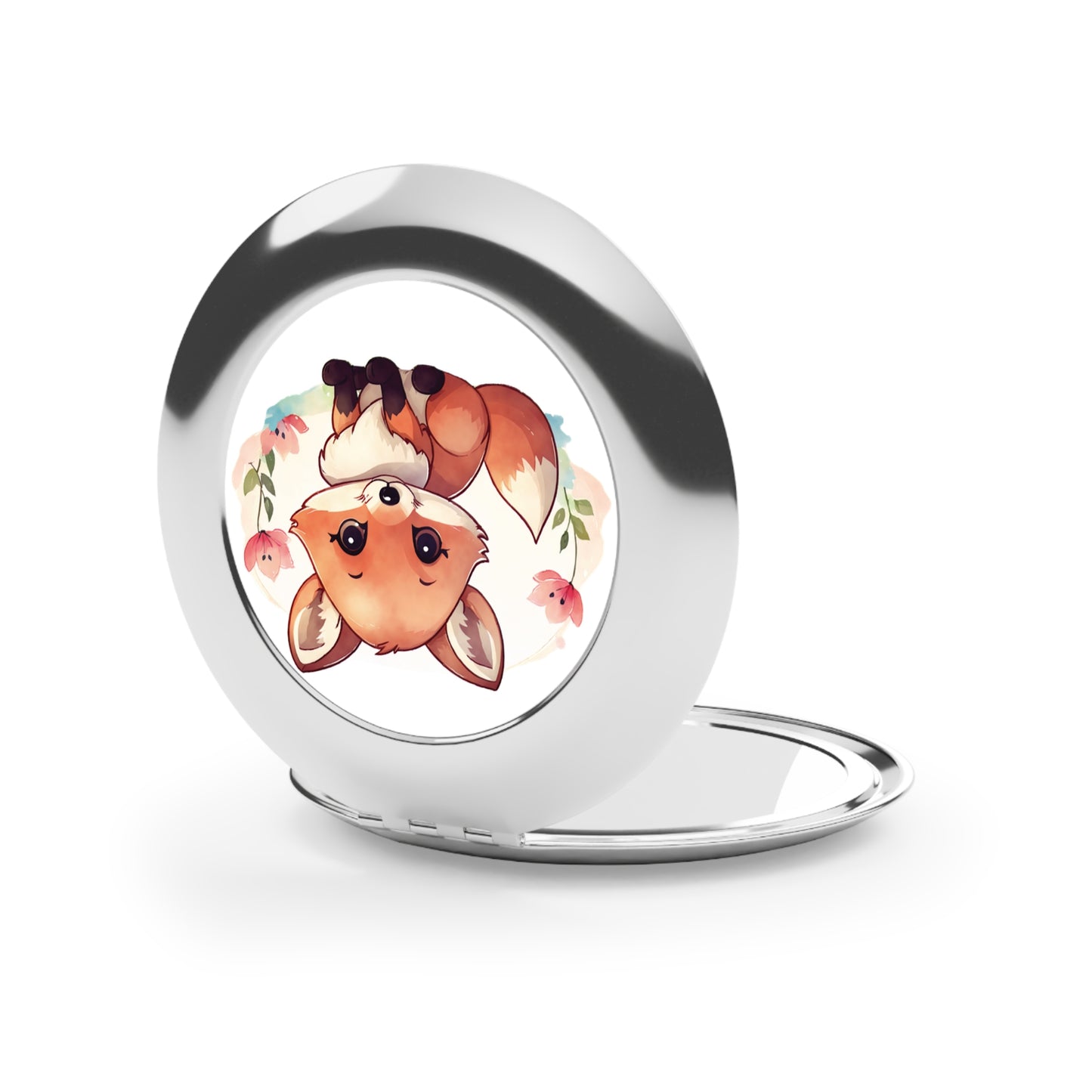 Compact Travel Mirror - Cute Fox Cub Pocket Size Makeup Mirror, Handheld Portable Mirror, Small Round Vanity Mirror, Travel Beauty